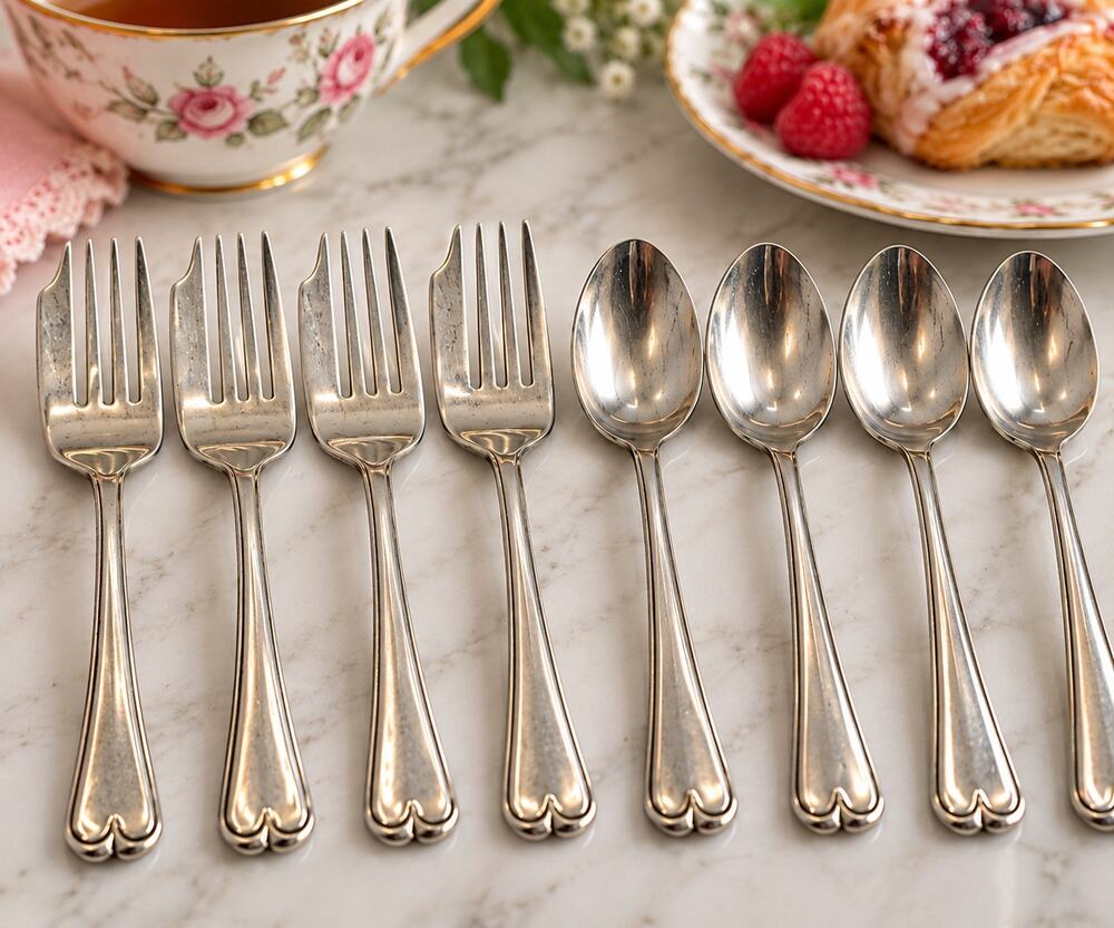 Sheffield England Pastry Forks Dessert Spoons Vintage Tea Flatware 5 Inch Set 8
